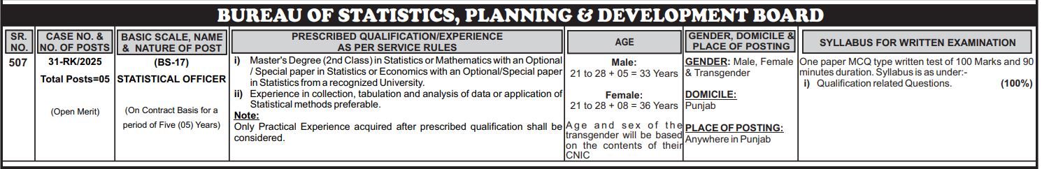 BUREAU OF STATISTICS, PLANNING & DEVELOPMENT BOARD Jobs 2025
